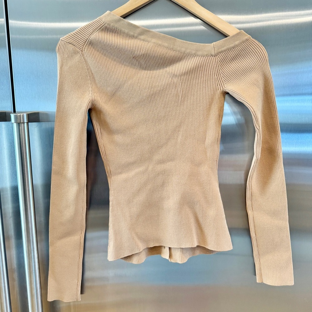 NWT Staud Craftsman Sweater Camel Tan Beige Off Shoulder camel Carmel button up - Picture 14 of 15
